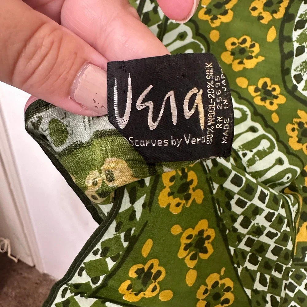 Vintage Vera Neumann Wool Silk Scarf Green Yellow Geometric Floral Made in Japan